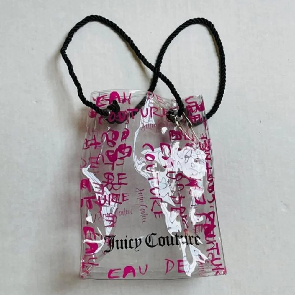 Juicy Couture Clear Tote Bag Pink Print All Over See Through Travel Vacation‎